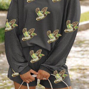 Flying Mallard Sequin Patched Ribbed Long Sleeve Top and Shorts Set
